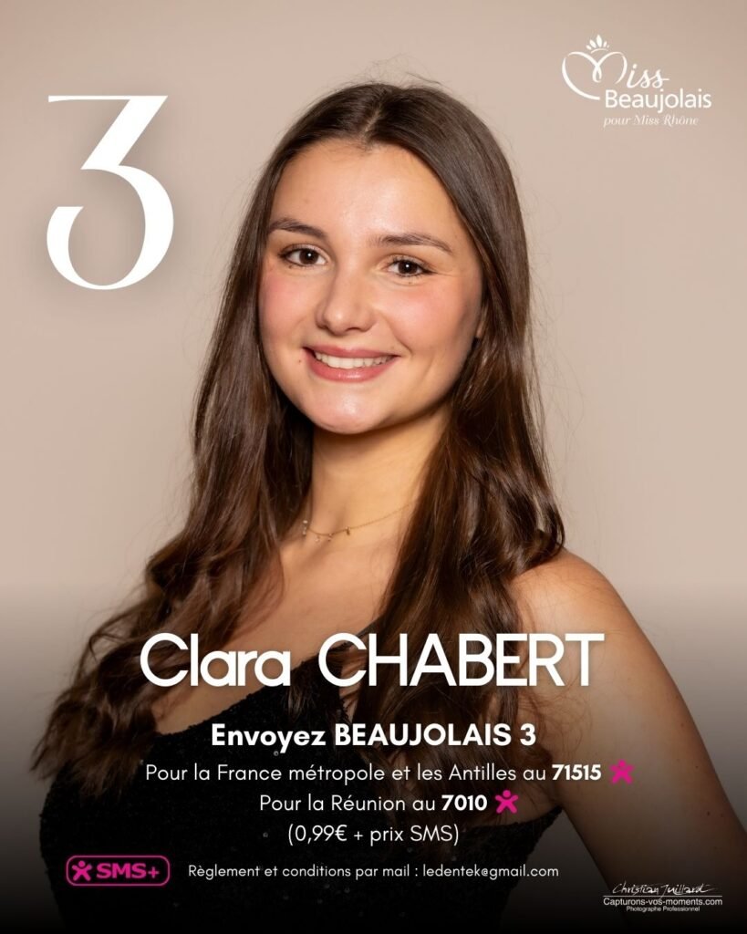 candidates en lice pour le titre de Miss Beaujolais 2026 : N°Lalie Aupet-Chopin N°3 Marlène Carry N°4 Clara Chabert N°5